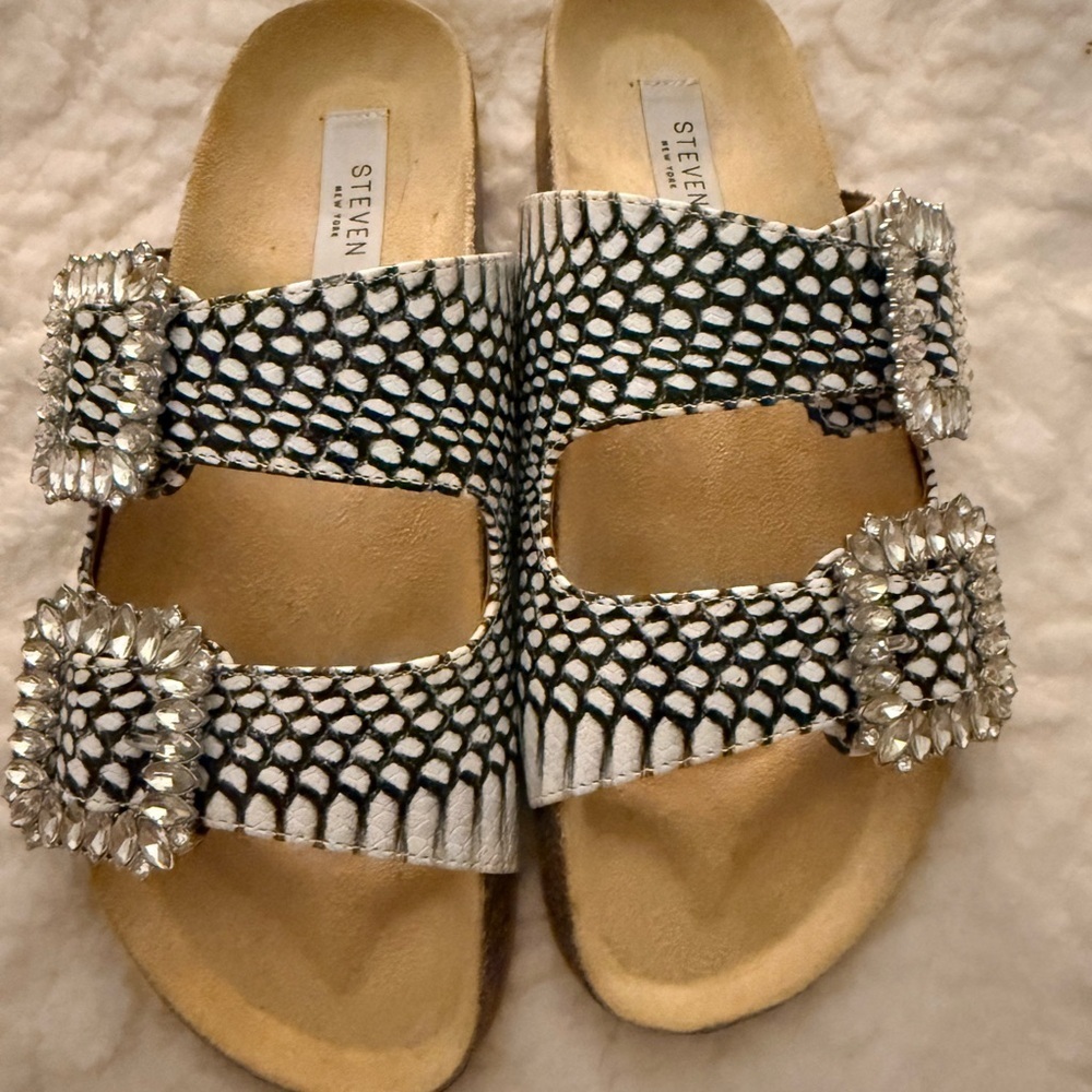 Steven by Steve Madden White & Black Embellished Slide Sandals